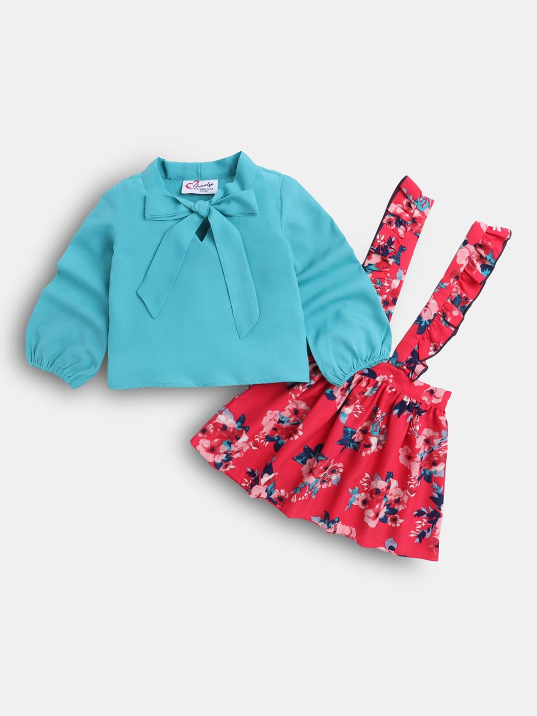 

Hopscotch Girls Blue & Pink Solid Top with Printed Skirt