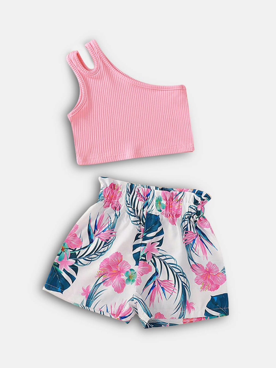 

Hopscotch Girls Pink Solid One Shoulder Top And Printed Shorts Clothing Set