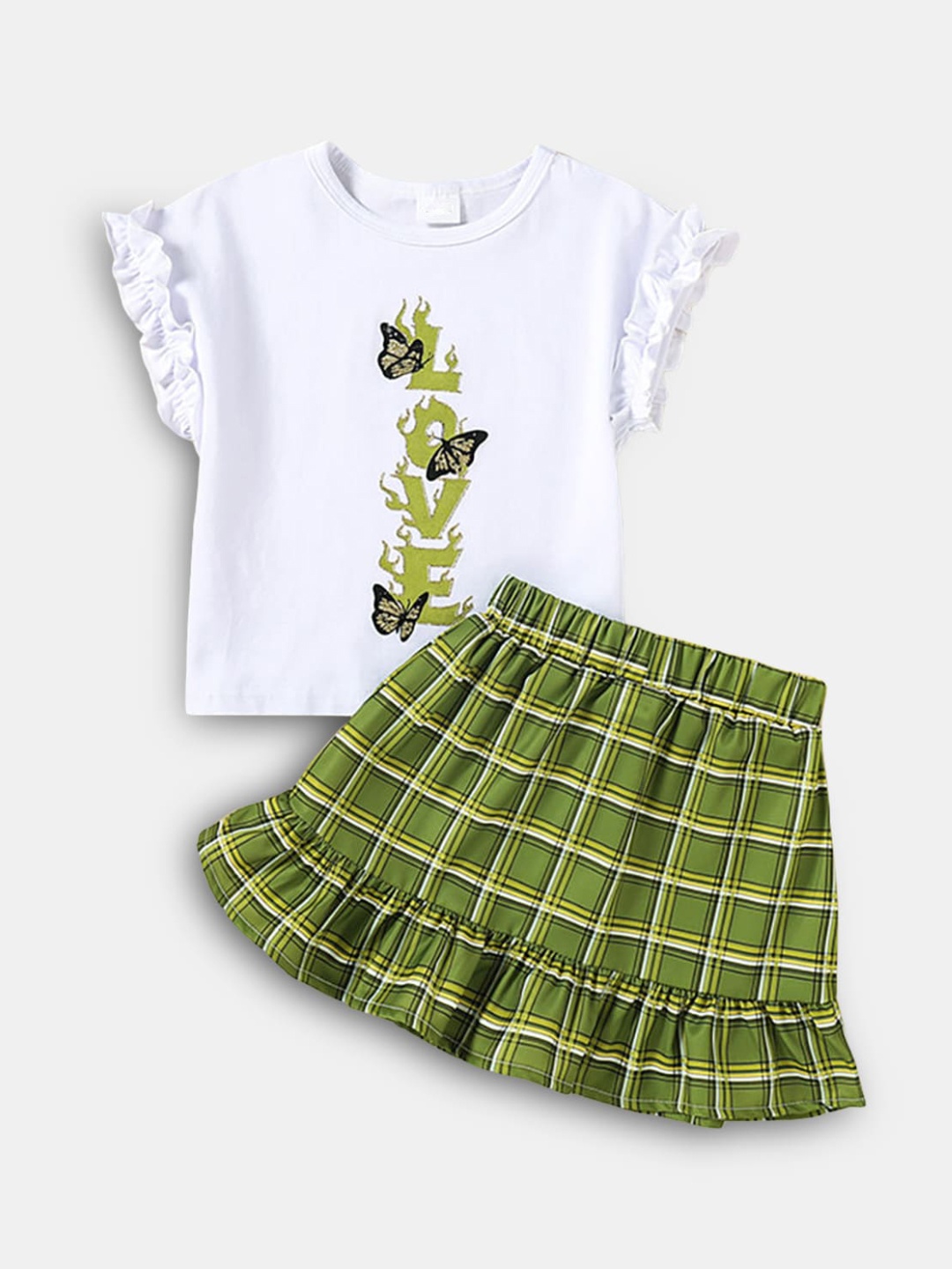 

Hopscotch Girls White & Green Printed T-shirt with Skirt