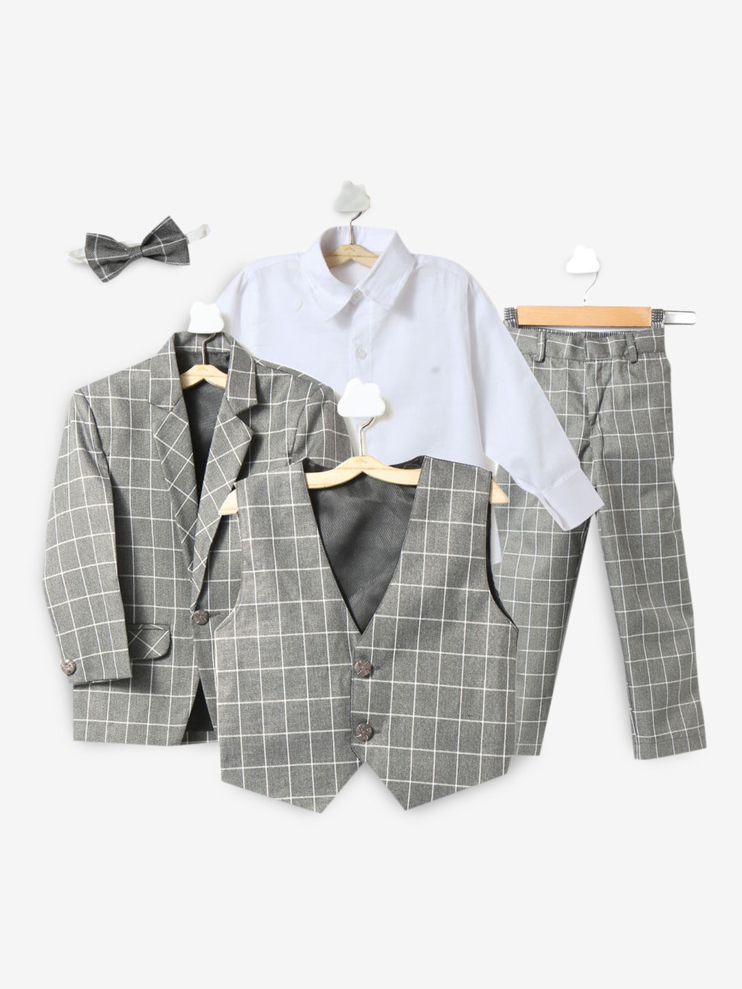 

Hopscotch Boys Grey & White Checked Blazer, Waistcoat, Shirt and Pant with Bow Set