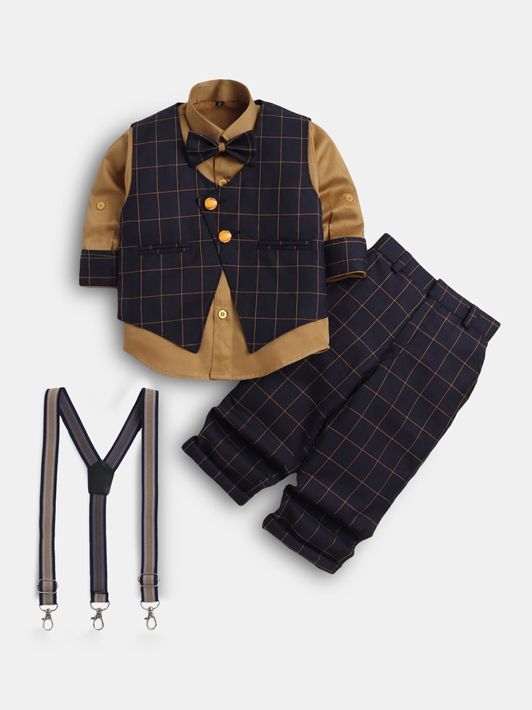 

Hopscotch Boys Navy Blue Checked & Brown Pure Cotton Shirt with Trouser and Waistcoat