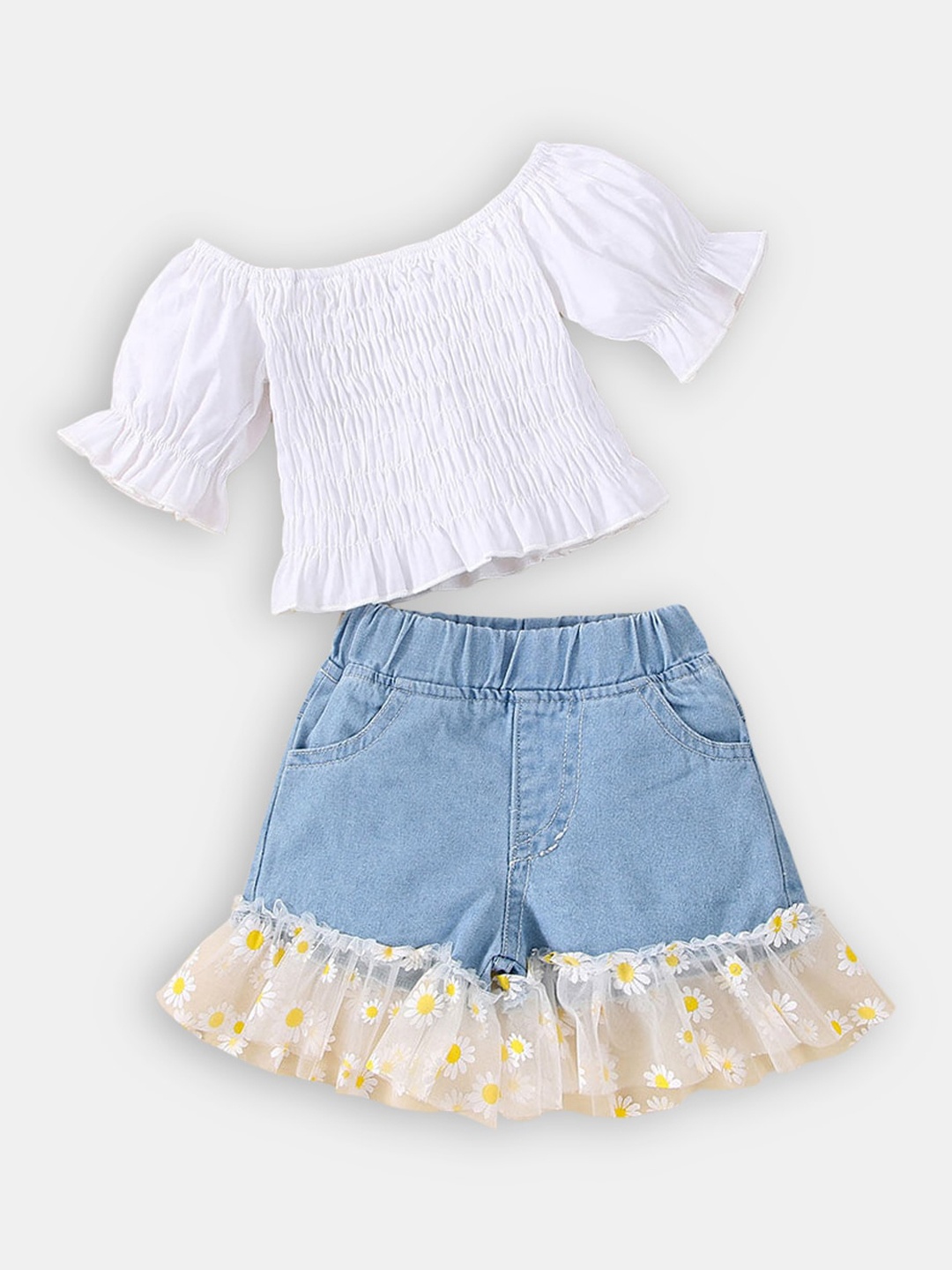 

Hopscotch Girls White Top And Floral Print Denim Short Set