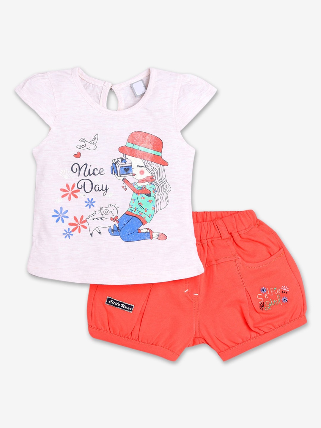 

Hopscotch Girls Off White & Orange Pure Cotton Printed Top with Shorts