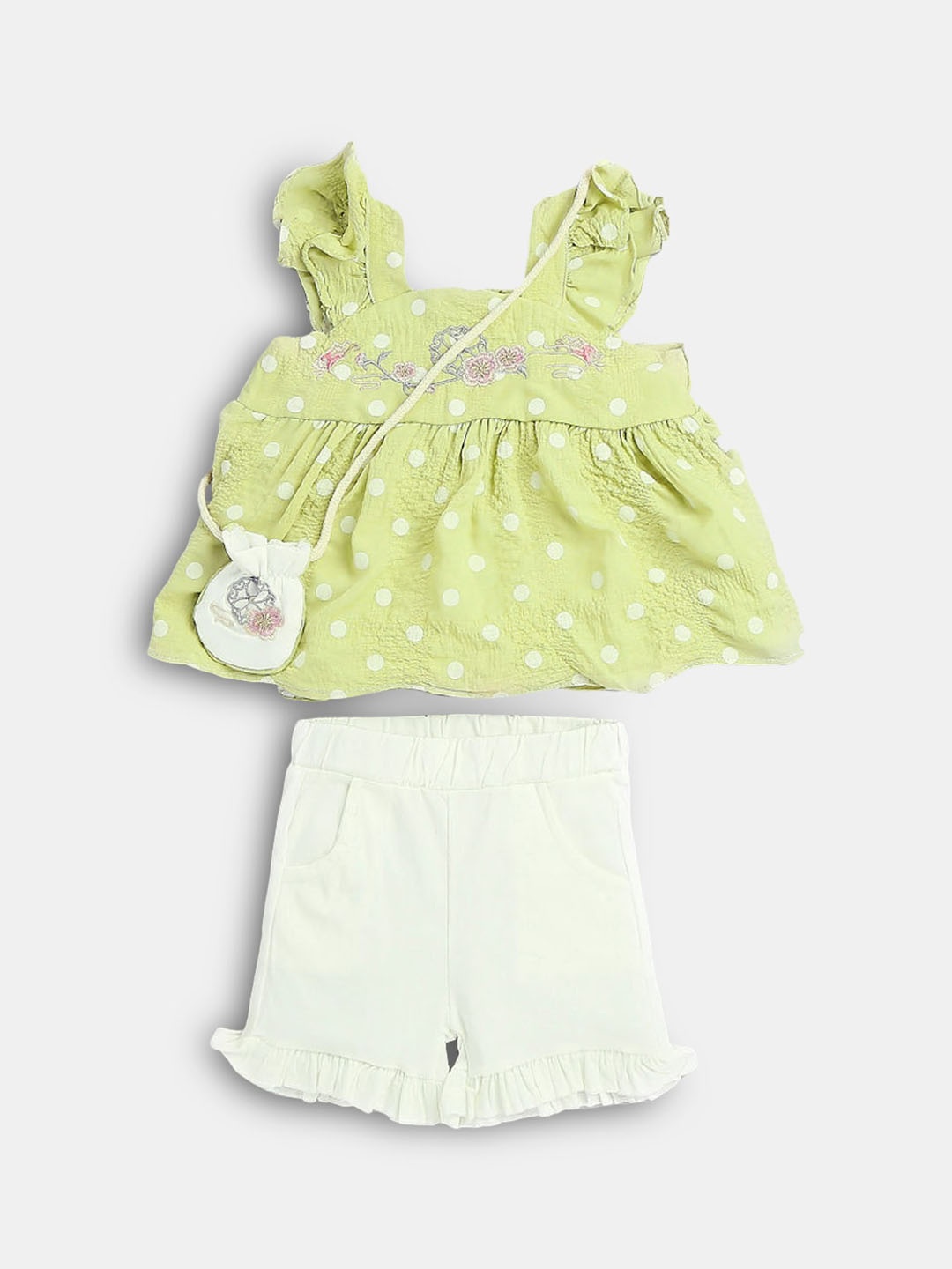 

Hopscotch Girls Green & White Polka Dot Printed Top with Shorts