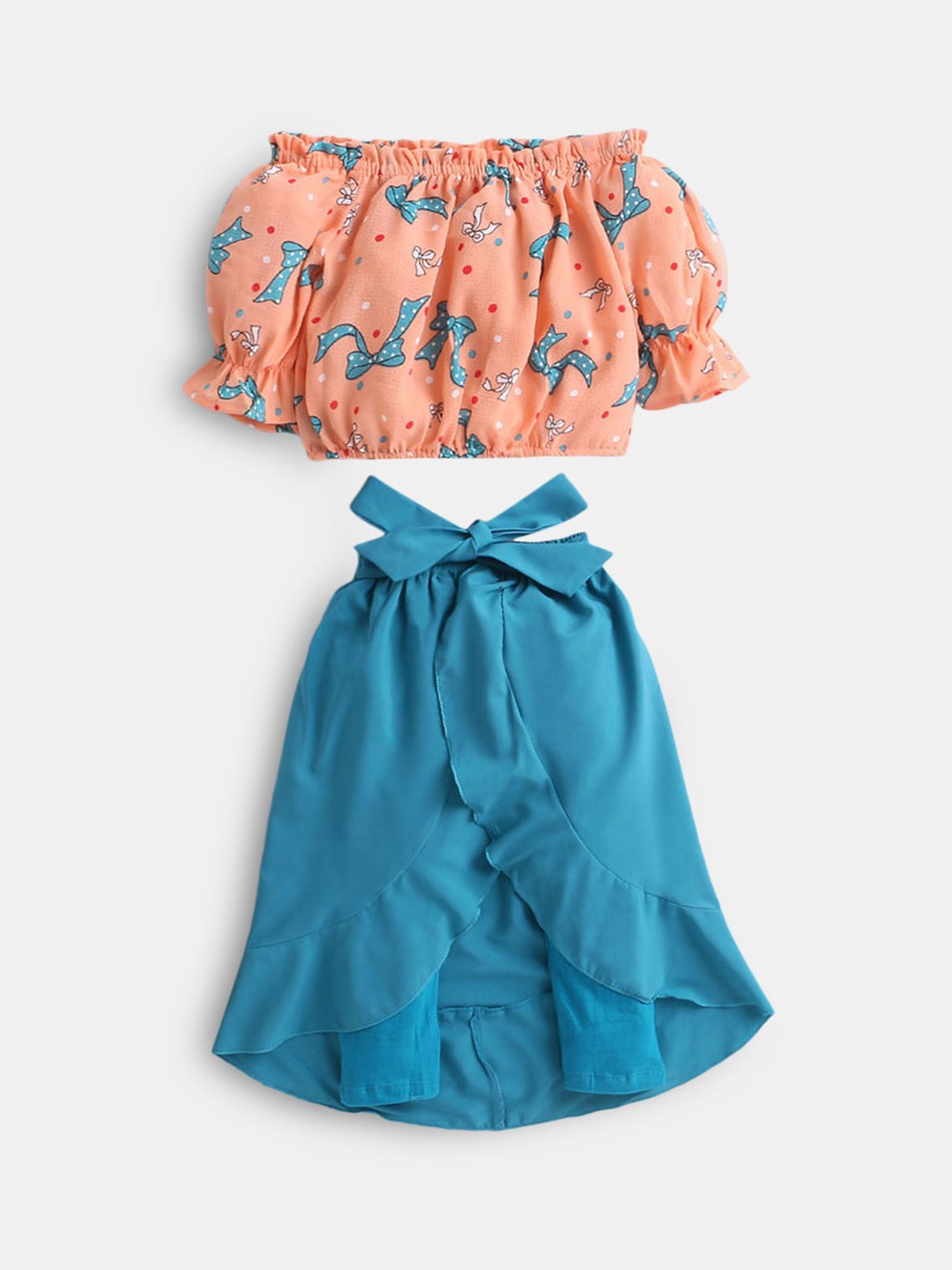 

Hopscotch Girls Peach-Coloured & Blue Printed Top with Skirt
