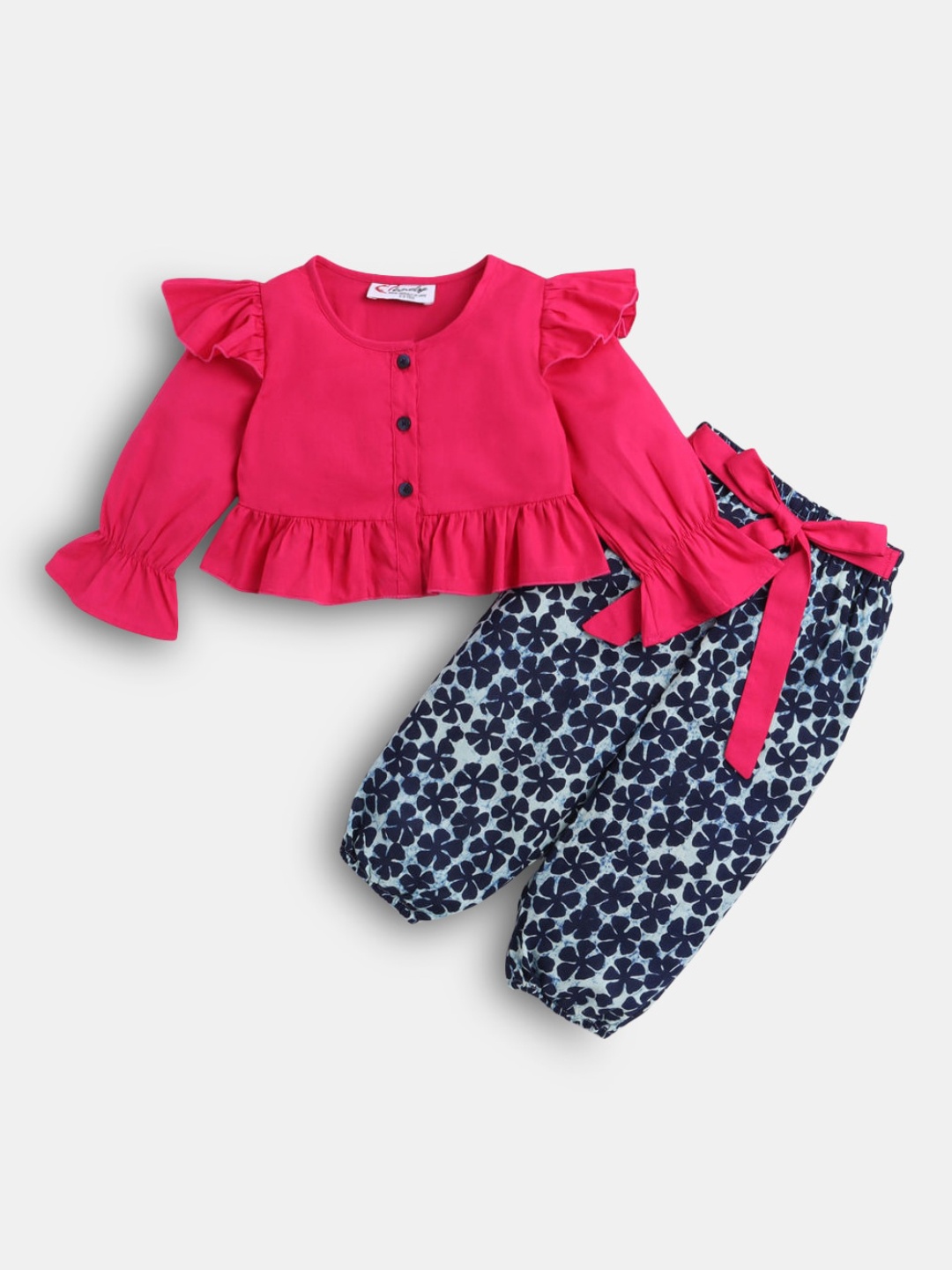 

Hopscotch Girls Pink And Blue Solid Top And Printed Trouser Clothing Set