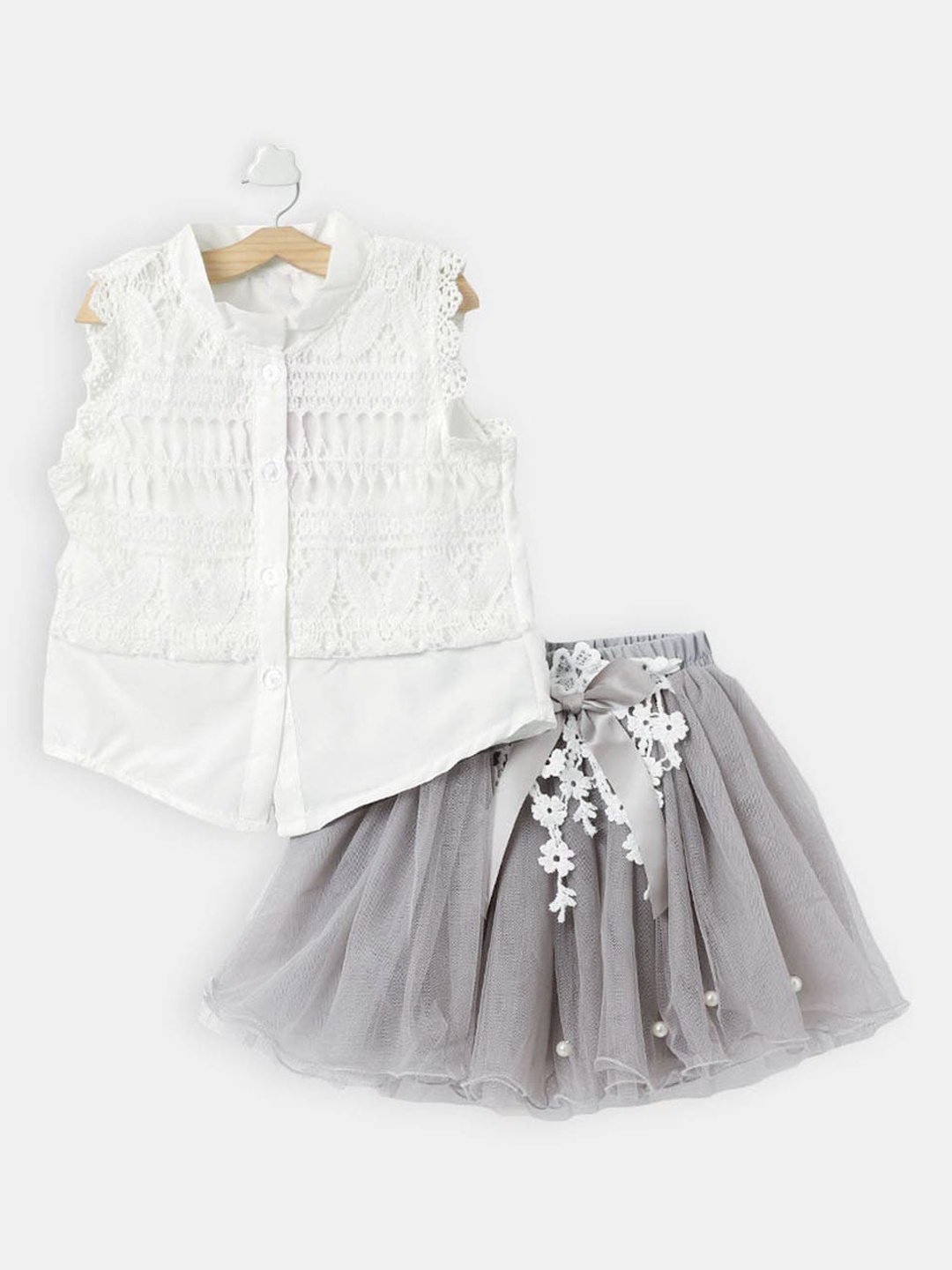 

Hopscotch Girls Grey And White Lace Shirt And Skirt Clothing Set