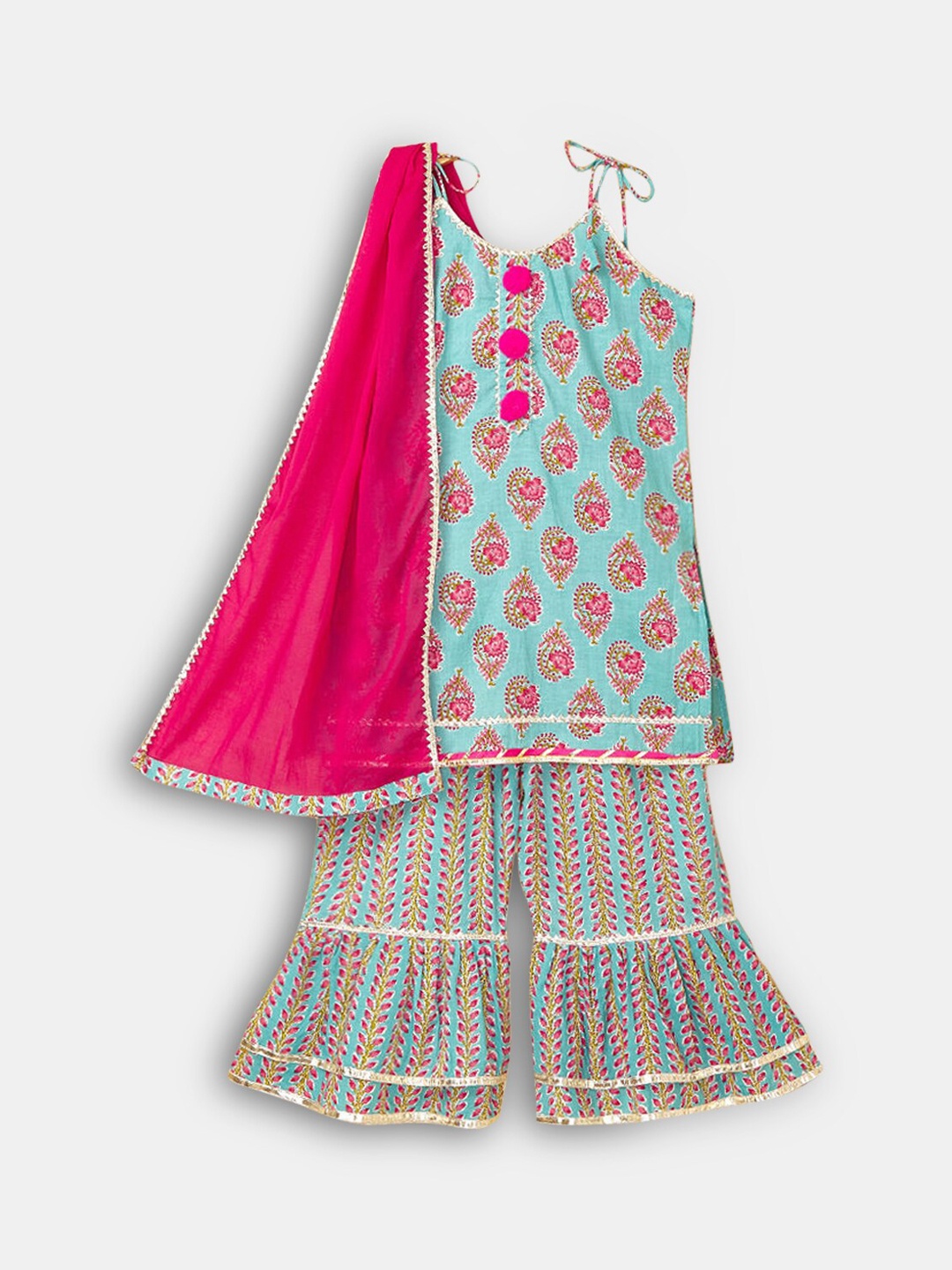 

Hopscotch Girls Blue Printed Pure Cotton Kurta with Sharara & With Dupatta