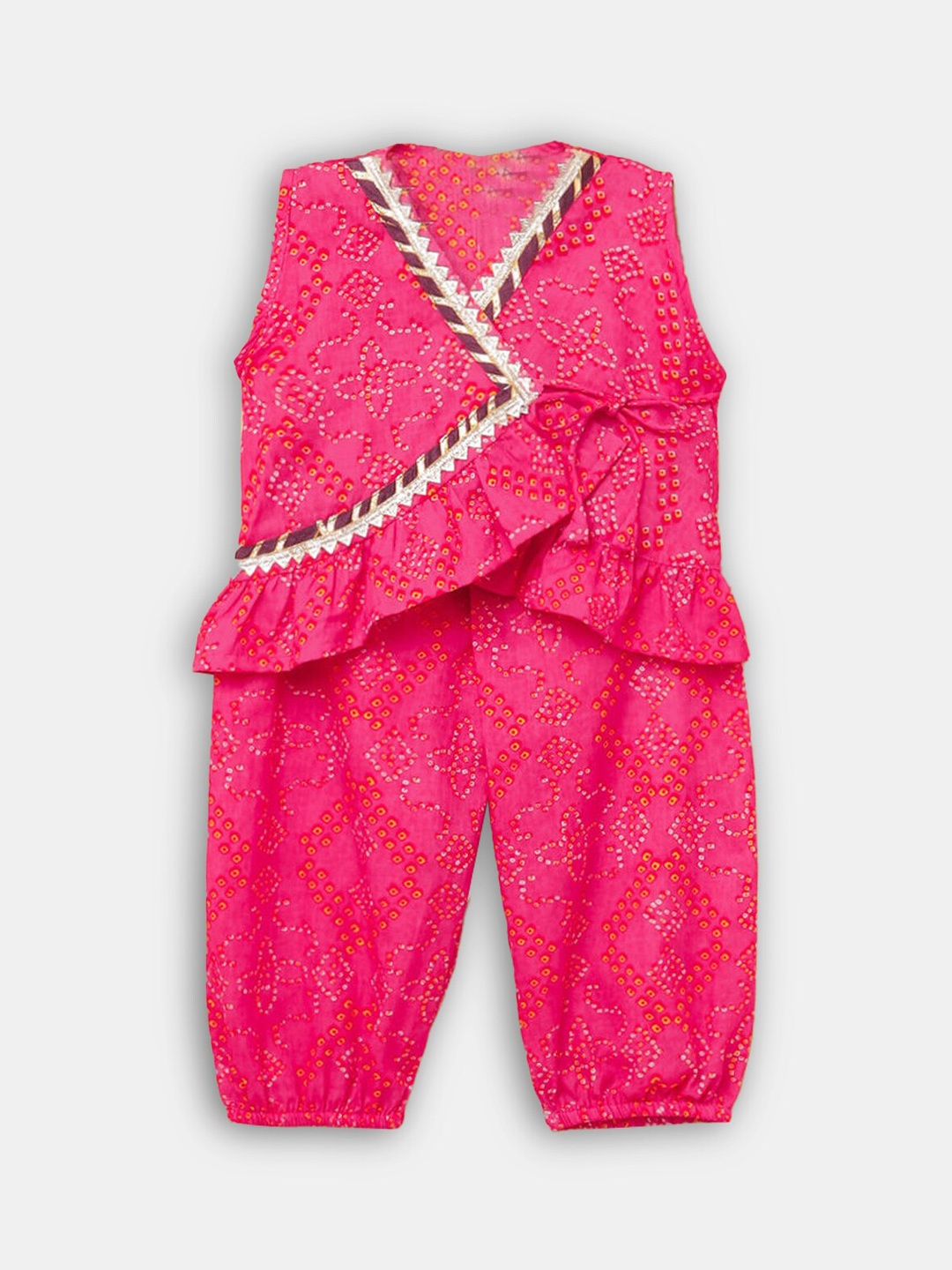 

Hopscotch Girls Pink Bandhani Printed Angrakha Pure Cotton Kurti with Pyjamas