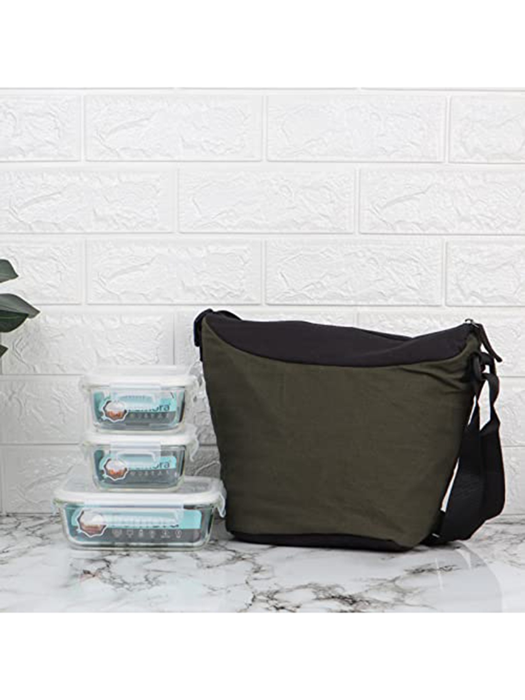 

Femora Set Of 3 Borosilicate Glass Lunch Box & Bag, Green