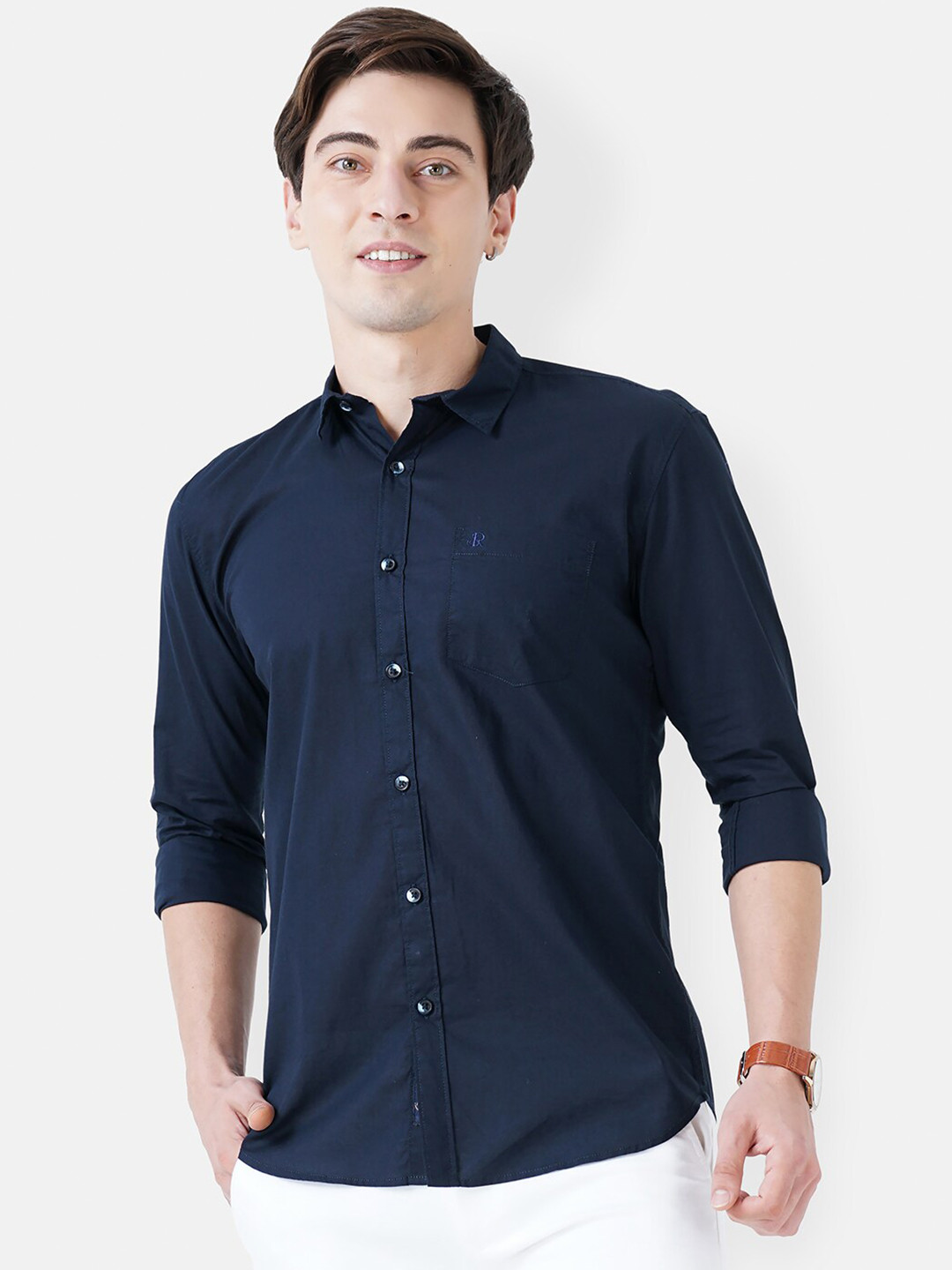 

SORATIA Men Navy Blue Solid Cotton Slim Fit Casual Shirt