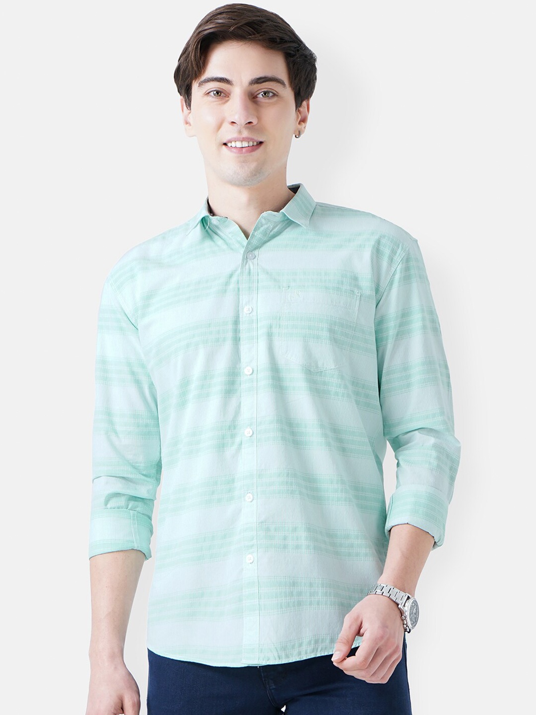 

SORATIA Men Sea Green Slim Fit Horizontal Striped Casual Shirt