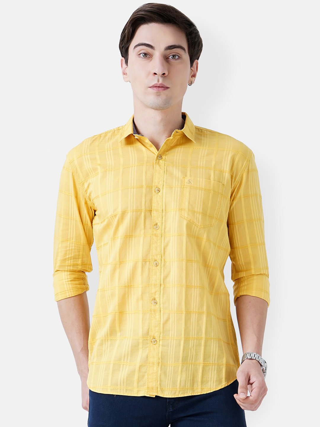 

SORATIA Men Yellow Slim Fit Checked Casual Shirt