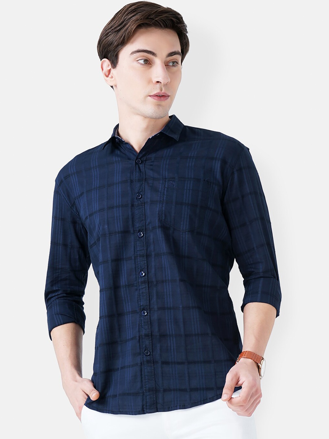 

SORATIA Men Navy Blue Slim Fit Windowpane Checks Checked Casual Shirt
