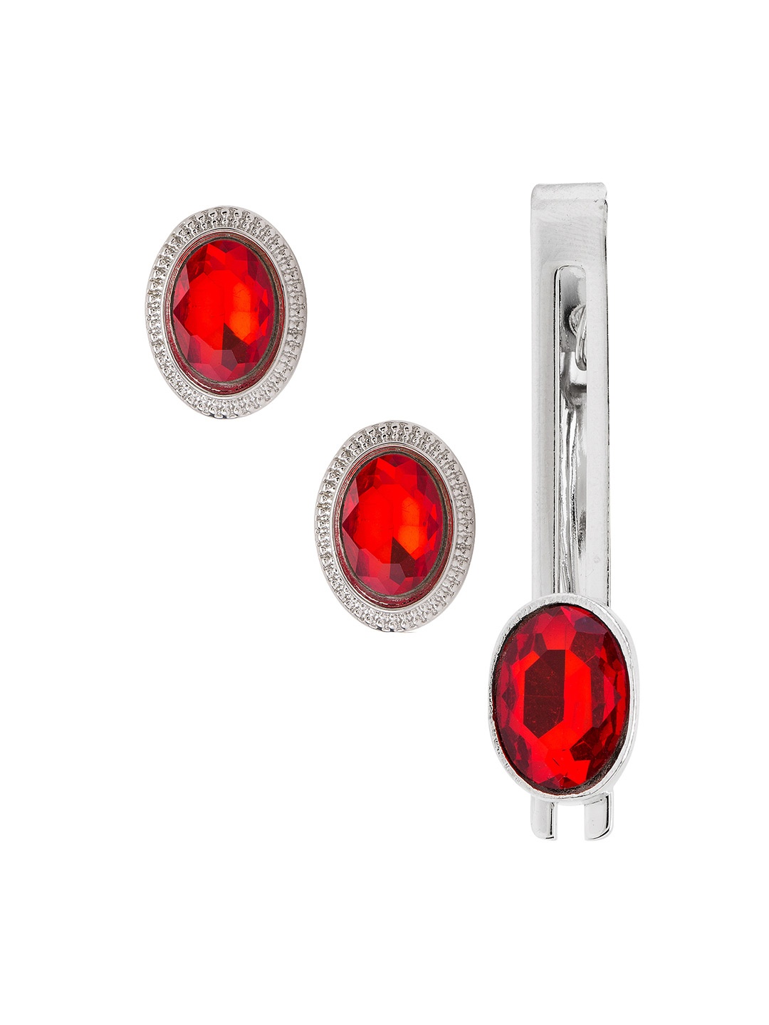 

Sanjog Men Red & Silver Toned Stone Studded Cufflink and Tie Pin