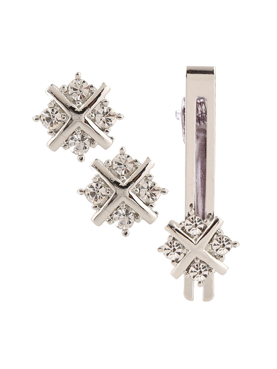 

Sanjog Men Silver-Toned & White Stone Studded Cufflinks with Lapel Pin