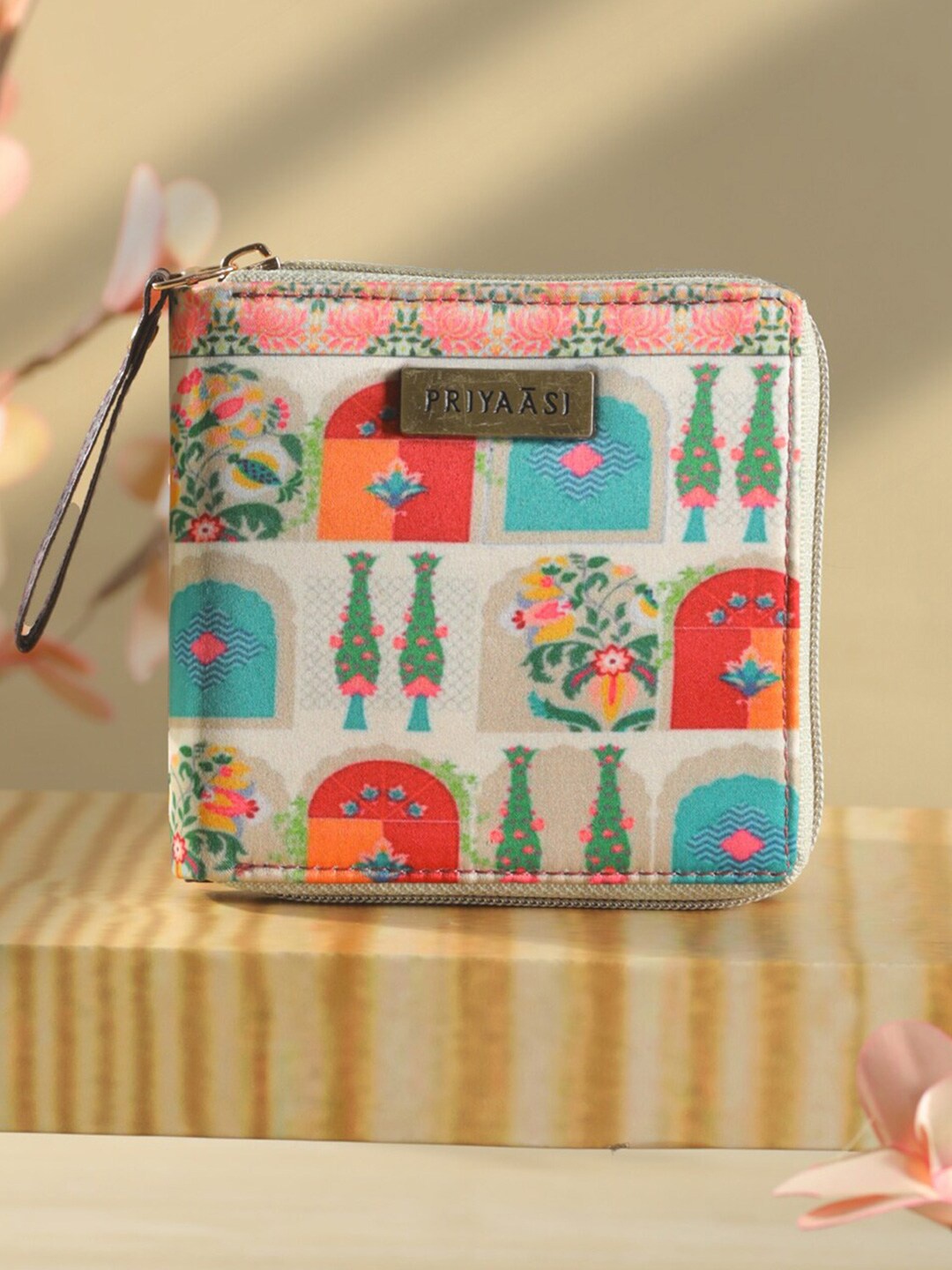 

Priyaasi Women Beige & Blue Floral Printed Zip Around Mini Wallet