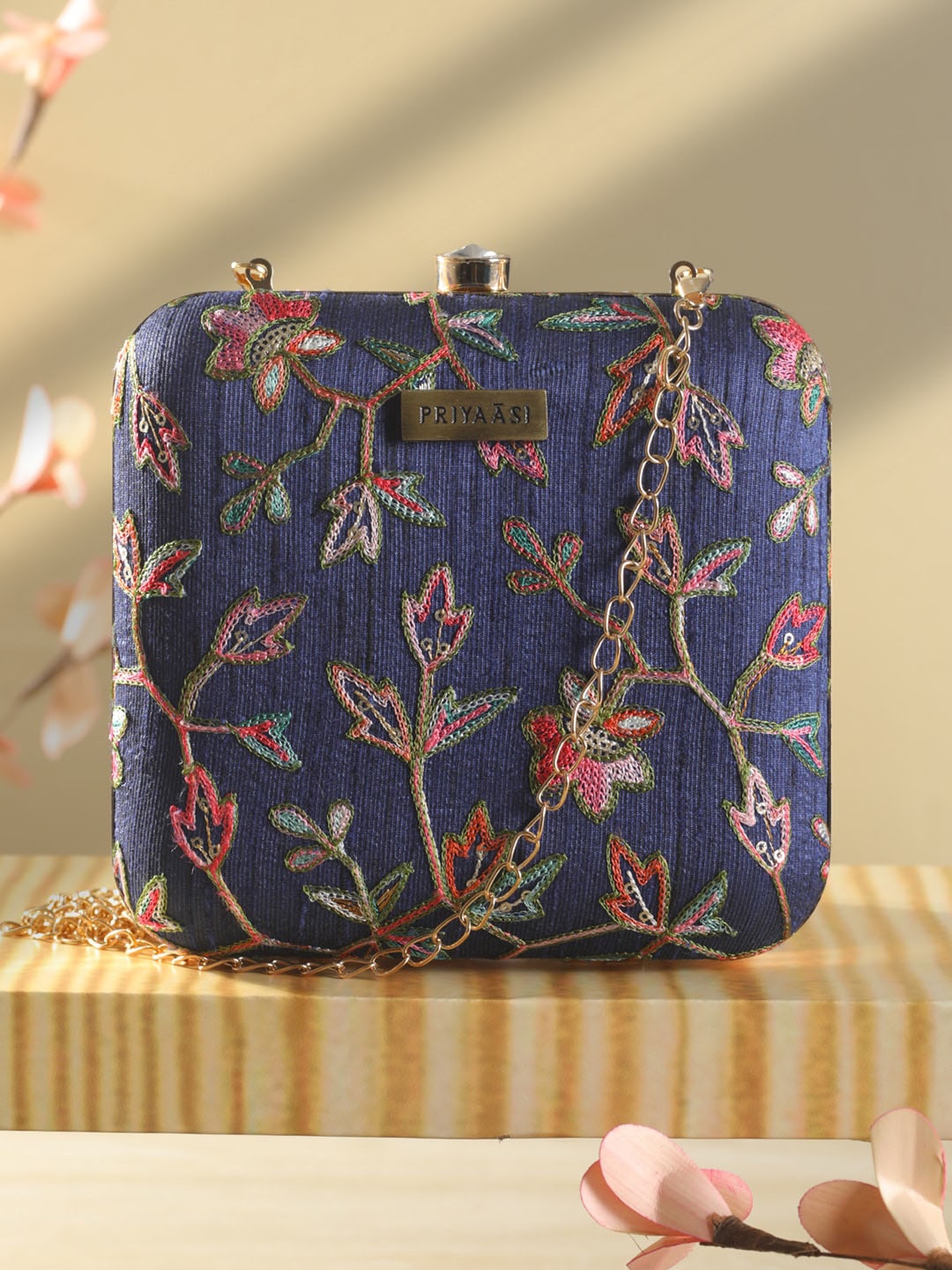 

Priyaasi Blue & Pink Embroidered Box Clutch