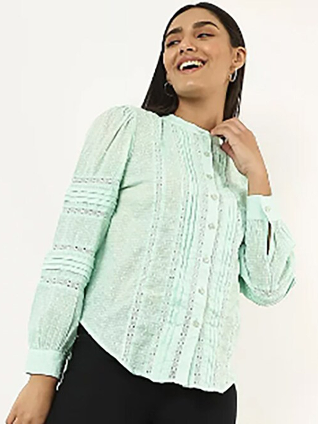 

Marks & Spencer Sea Green Mandarin Collar Shirt Style Top