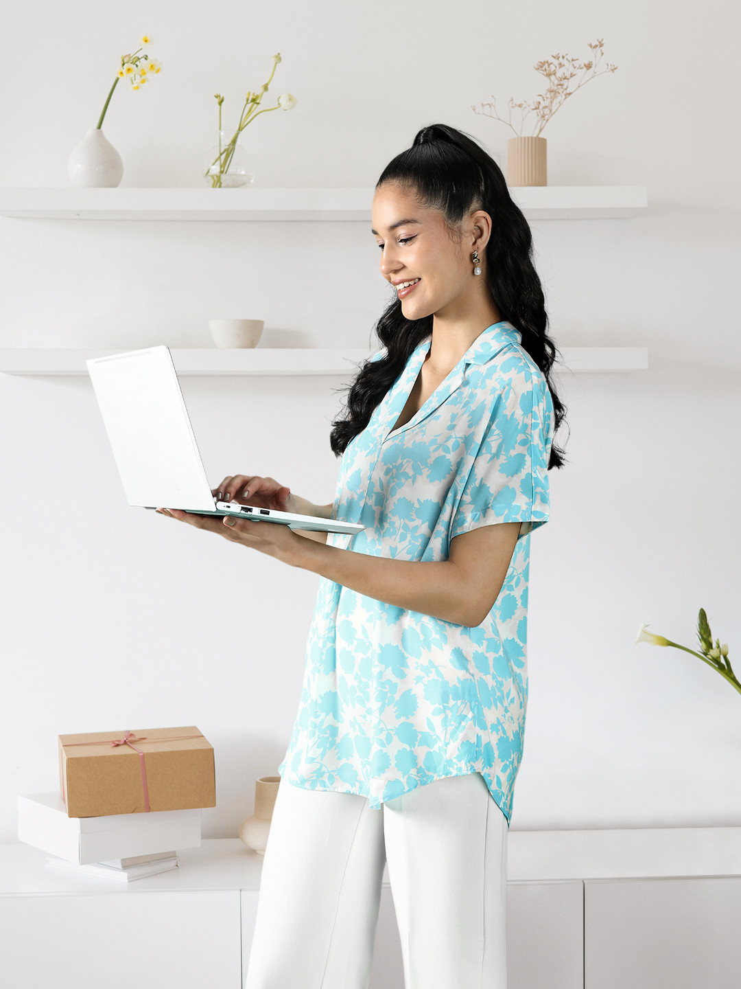 

Marks & Spencer Floral Print Extended Sleeves Top, Blue