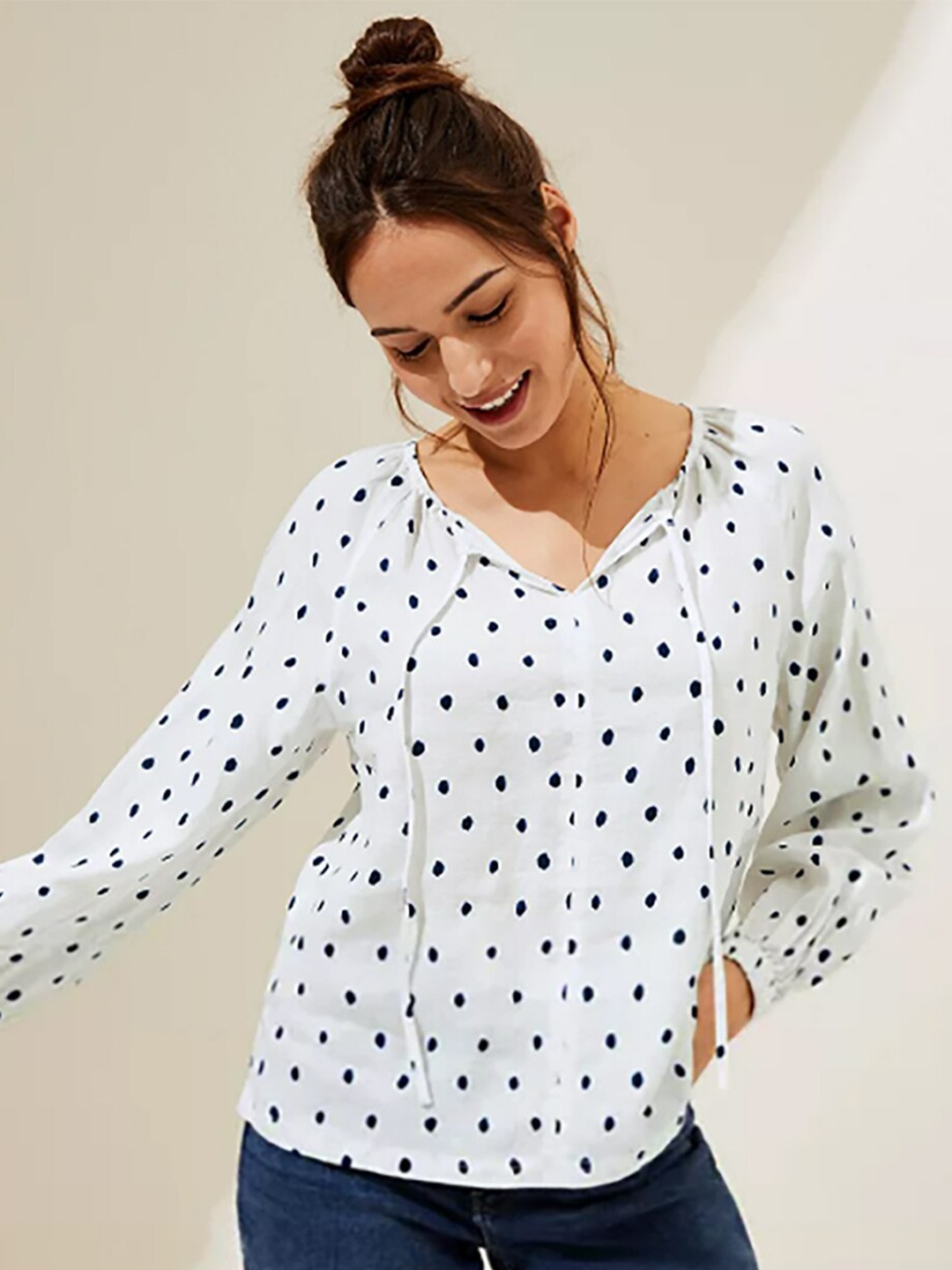 

Marks & Spencer White Print Tie-Up Neck Linen Top