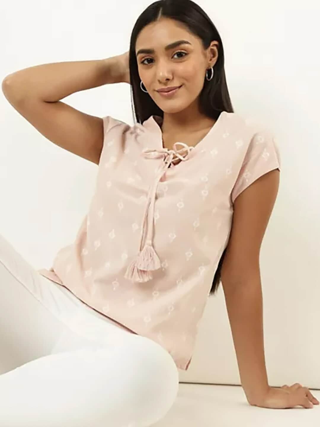 

Marks & Spencer Women Pink & White Print Tie-Up Neck Top