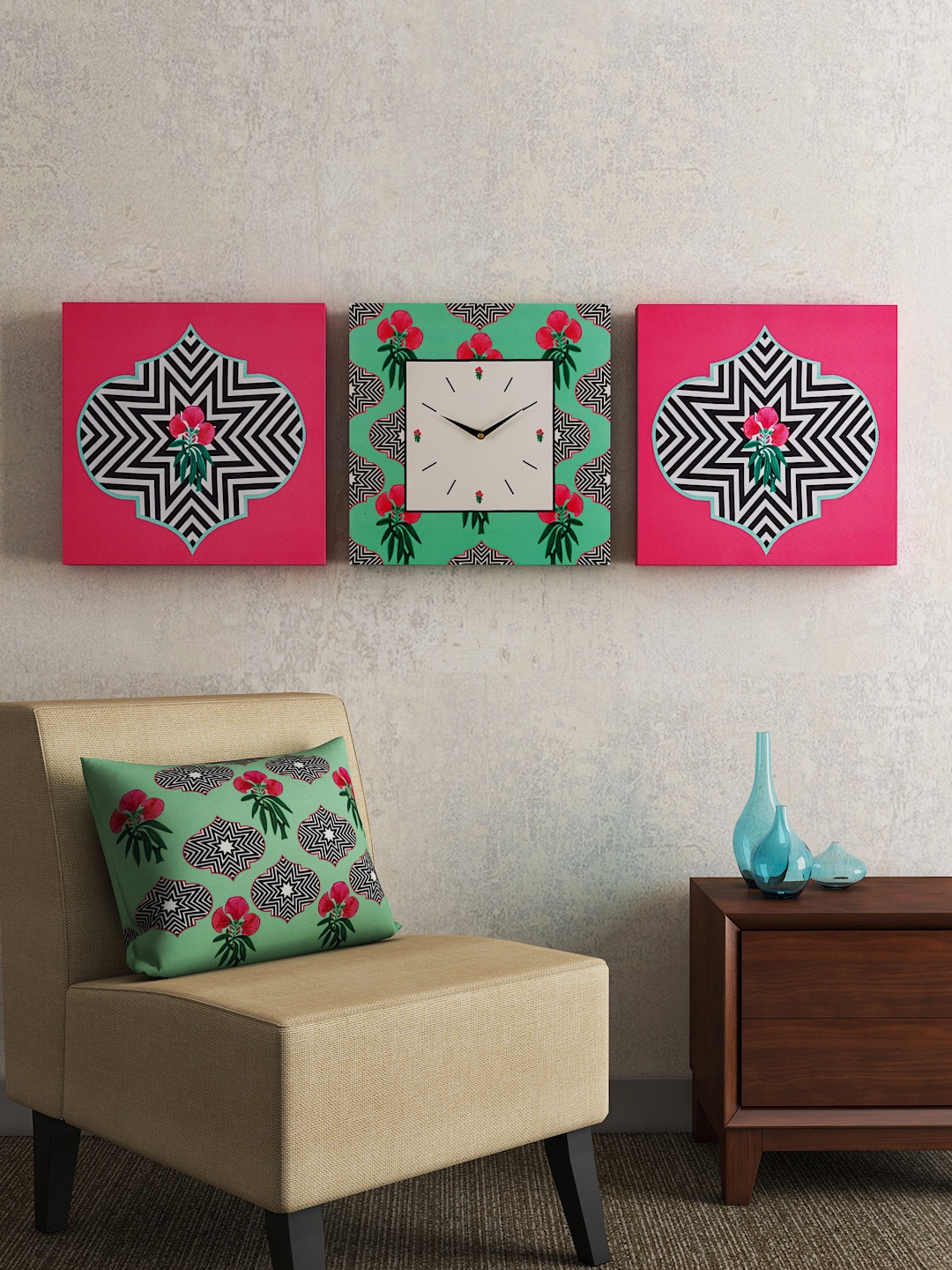 

SEJ by Nisha Gupta Set of 2 Wall Art and 1 Square 35.5 cm Analogue Wall Clock, Multi