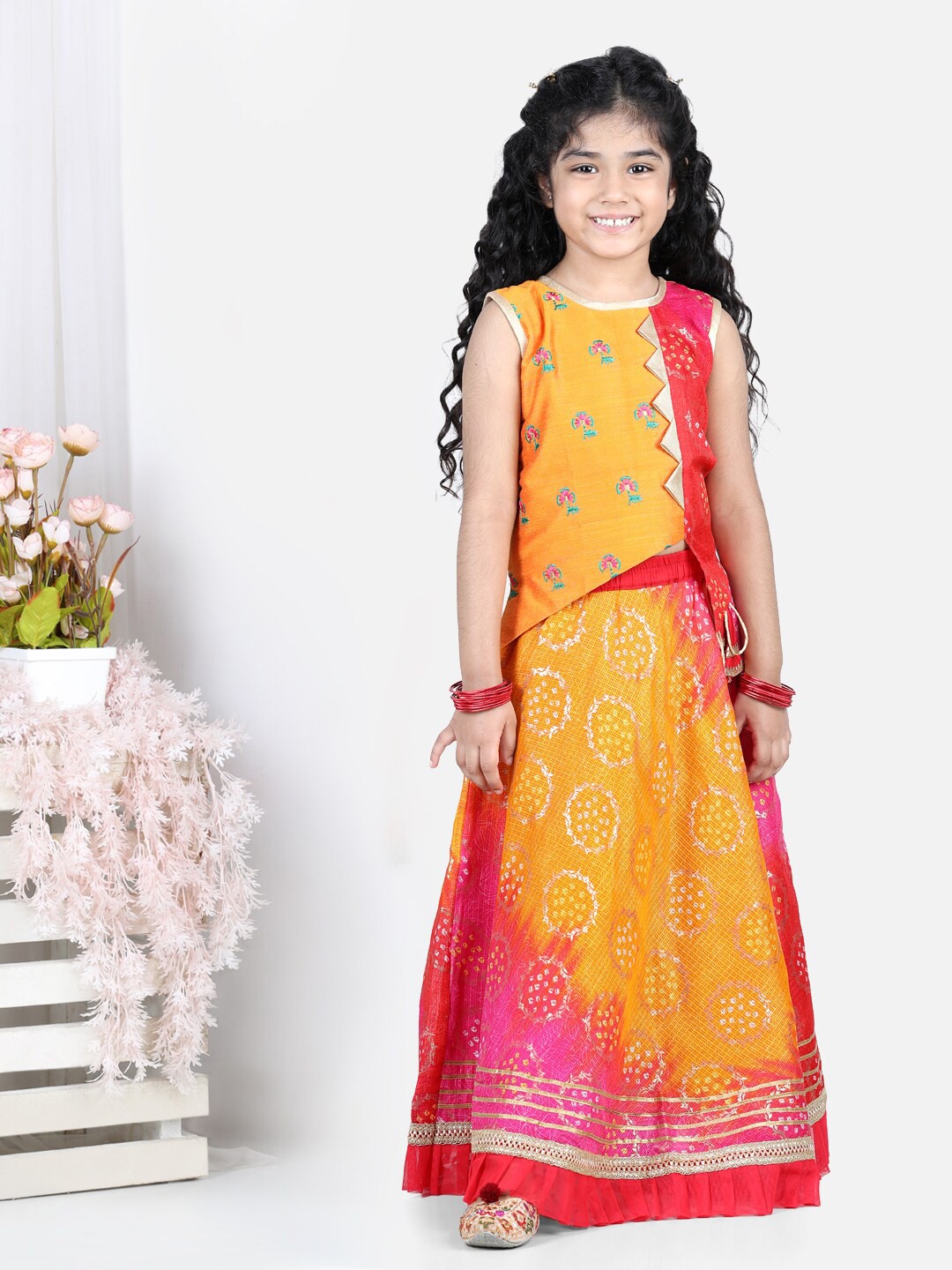 

Kinder Kids Girls Yellow & Red Embroidered Ready to Wear Lehenga Choli Set