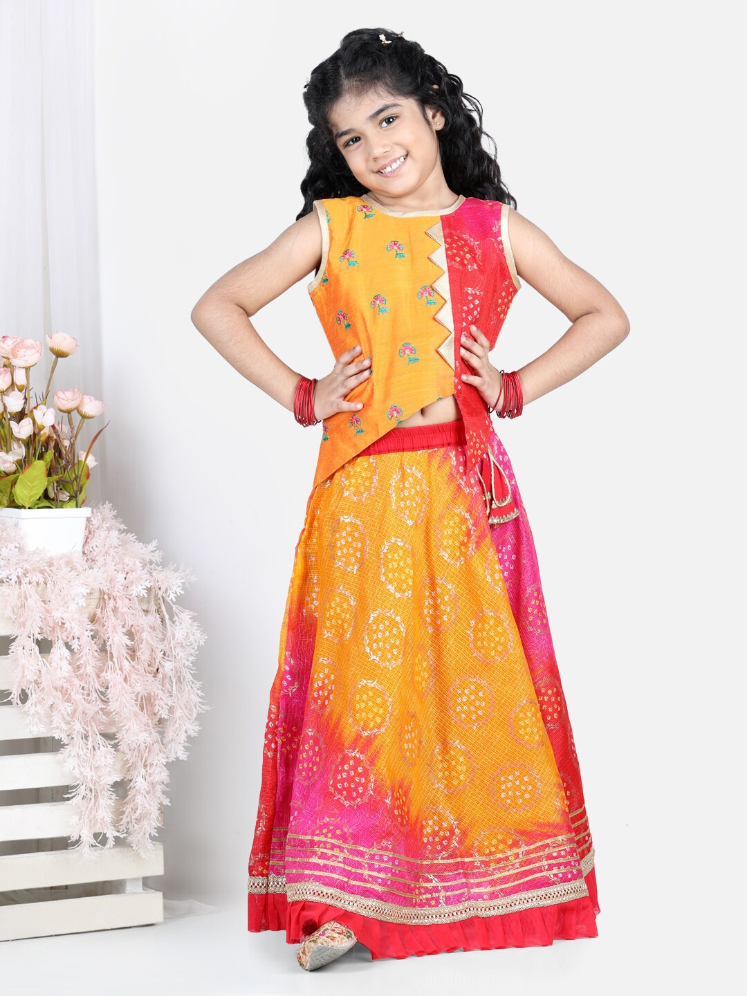 

Kinder Kids Girls Yellow & Pink Embroidered Ready to Wear Lehenga Choli