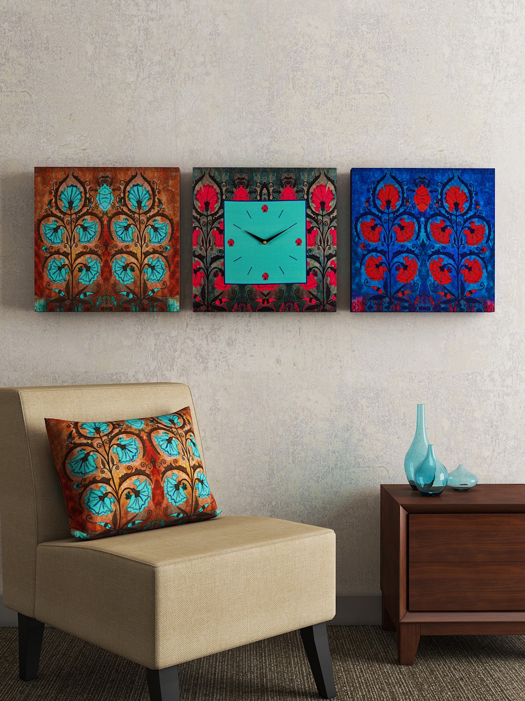 

SEJ by Nisha Gupta Set of 2 Wall Art and 1 Square 35.5 cm Analogue Wall Clock, Multi