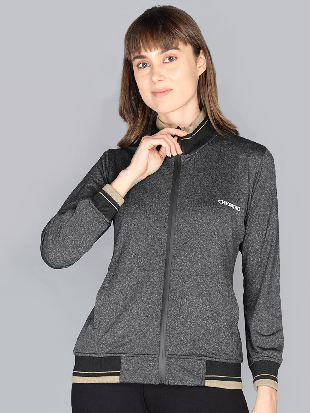 

CHKOKKO Women Grey Melange Lightweight Training or Gym Bomber Jacket