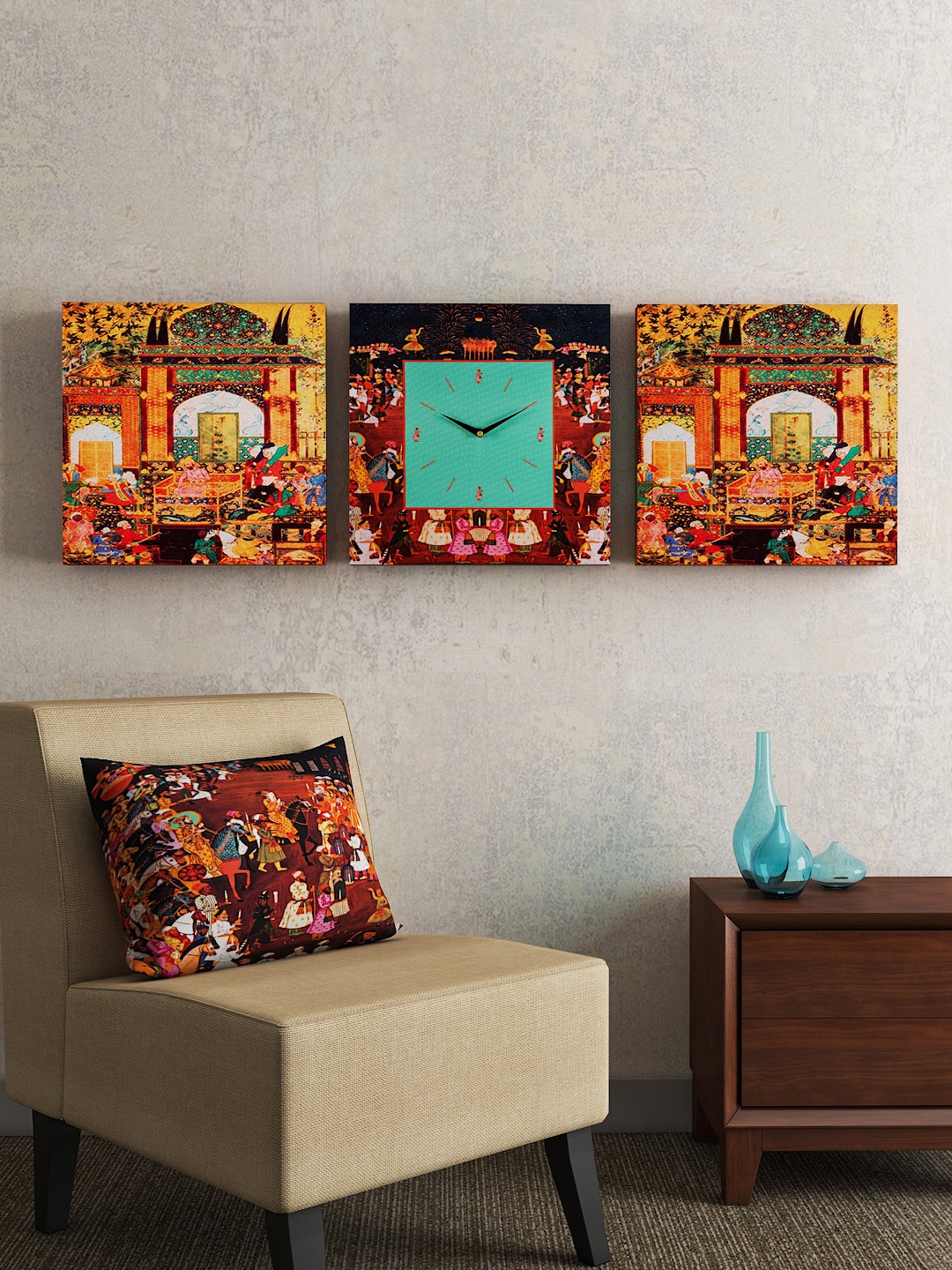 

SEJ by Nisha Gupta Set of 2 Wall Art and 1 Square 35.5 cm Analogue Wall Clock, Multi