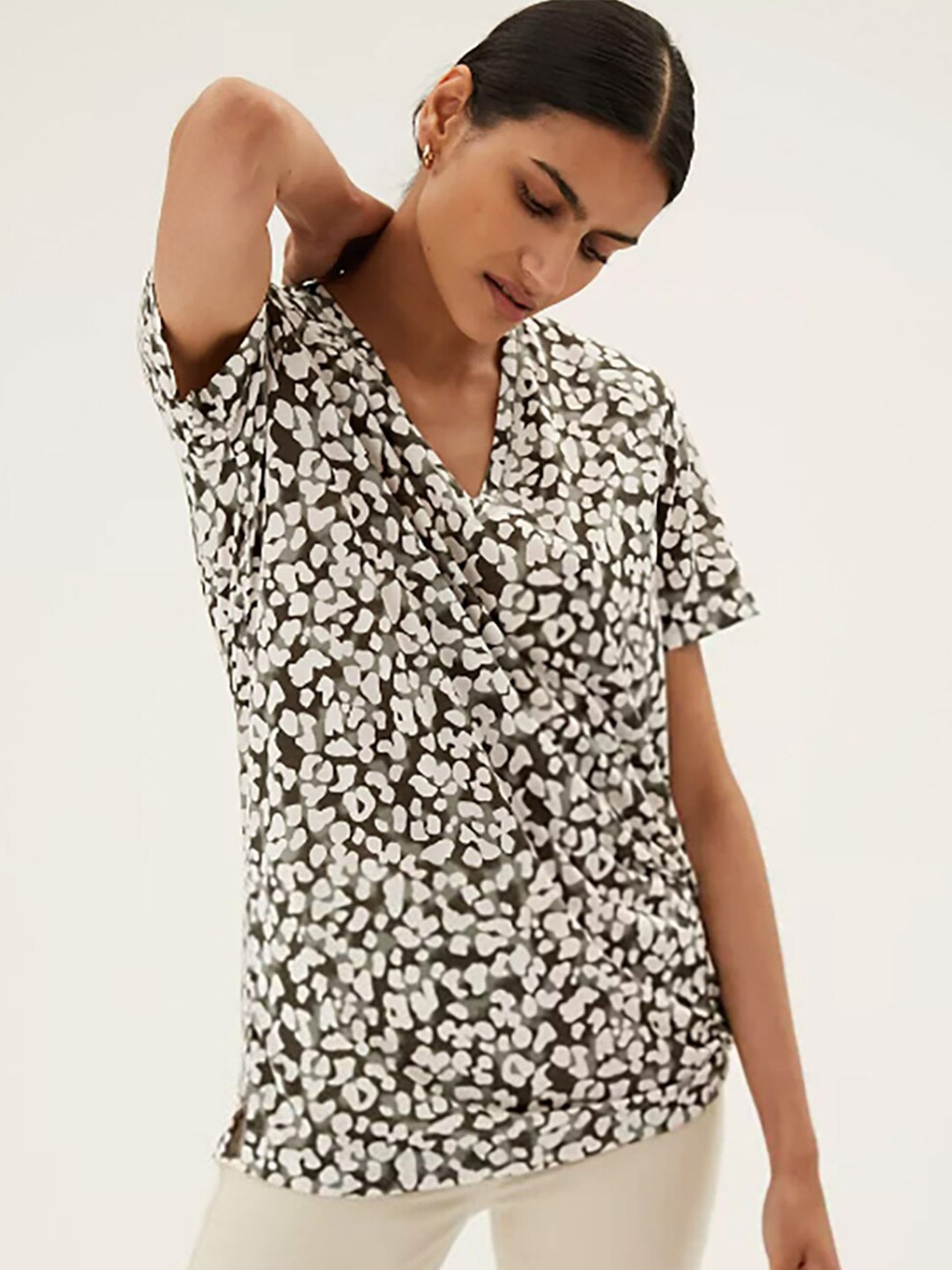 

Marks & Spencer Women Khaki Printed Mandarin Collar Monochrome T-shirt