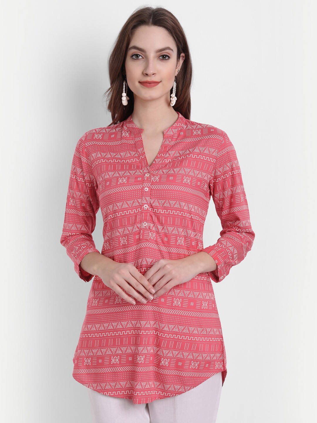 

SUTI Women Coral Printed Mandarin Collar Shirt Style Longline Top