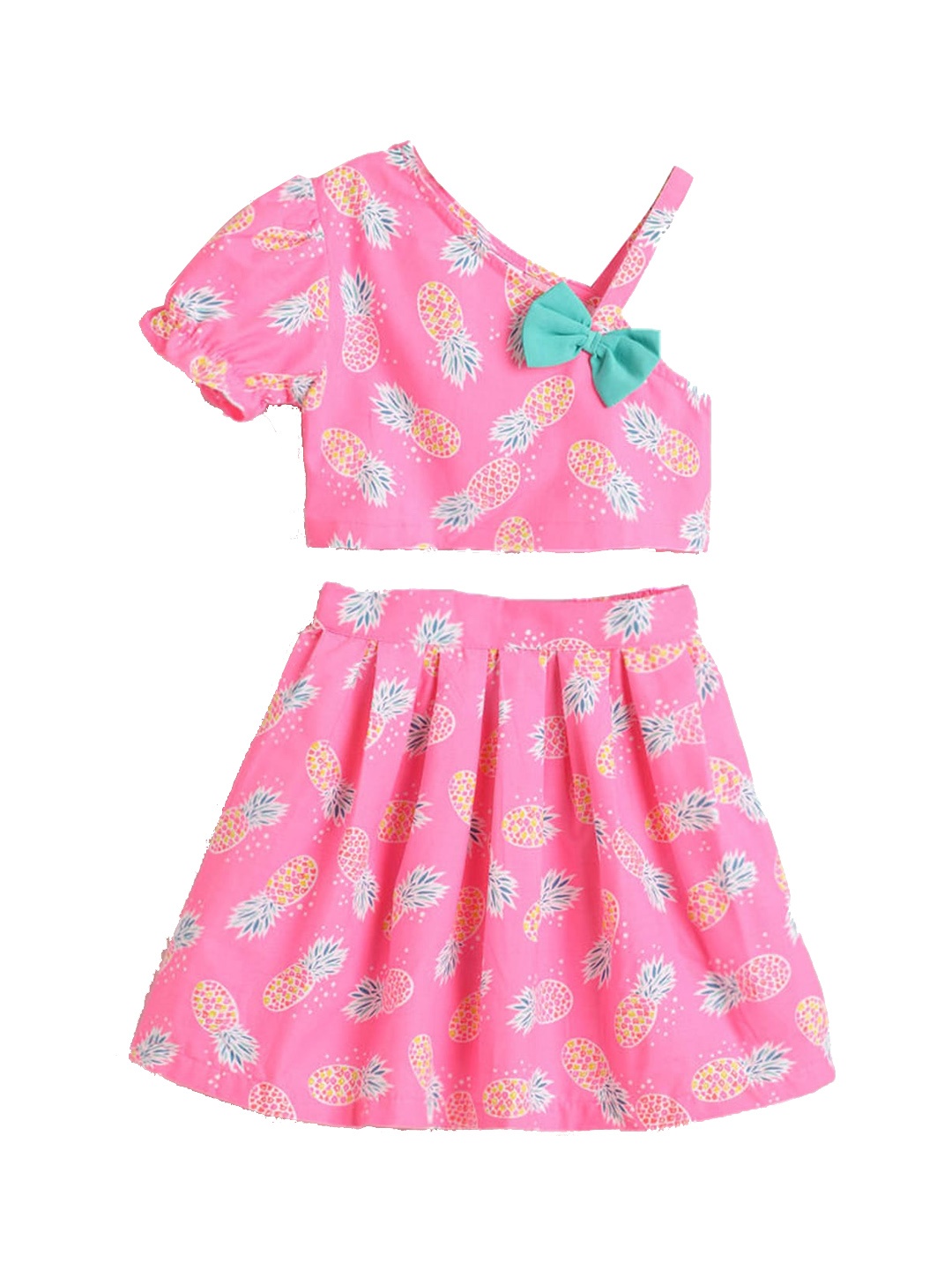 

Hopscotch Girls Pink & White Fruit Printed Pure Cotton Top with Skirt
