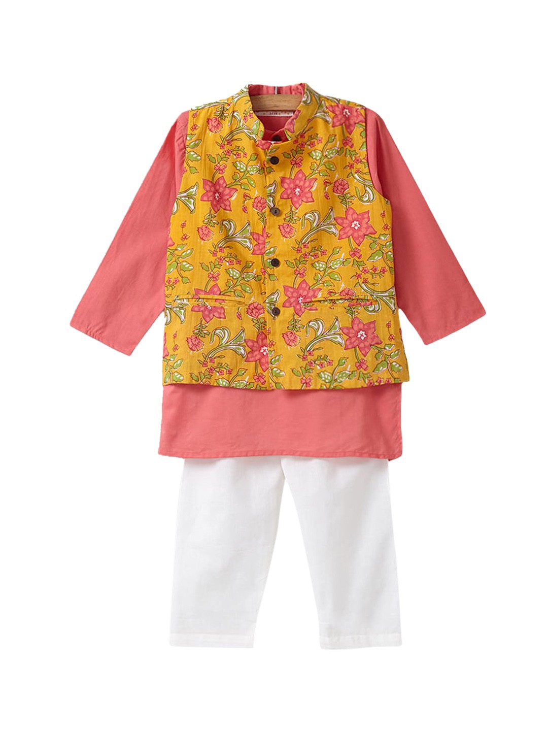 

Hopscotch Boys Peach And Yellow Pure Cotton Kurta With Pyjama And Nehru Jacket