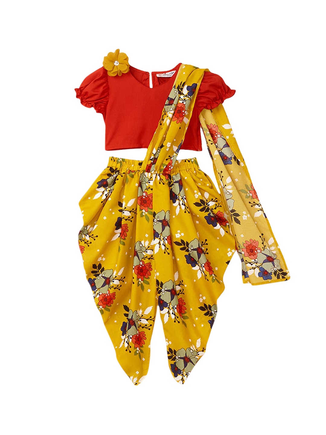 

Hopscotch Girls Yellow Floral Top with Dhoti Pants