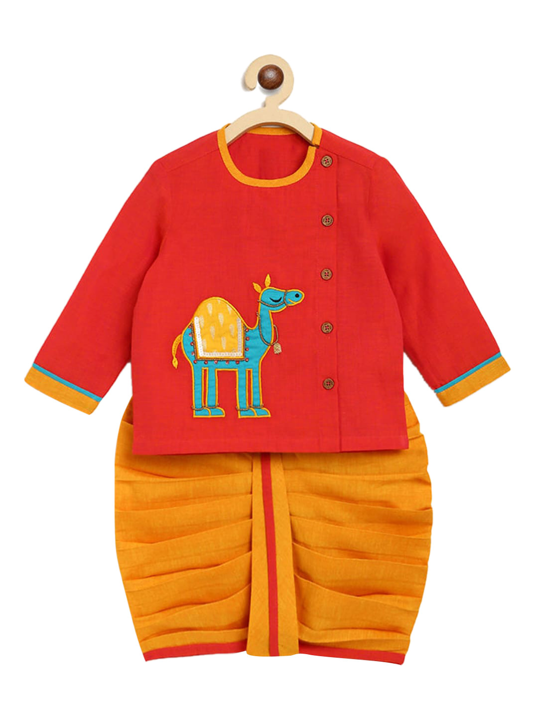 

Hopscotch Boys Red Animal Pure Cotton Applique Kurta with Dhoti Pants