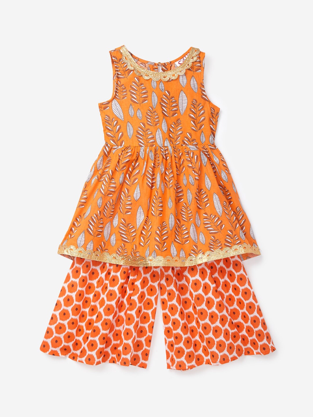 

Hopscotch Girls Orange Printed Empire Pure Cotton Kurta with Sharara