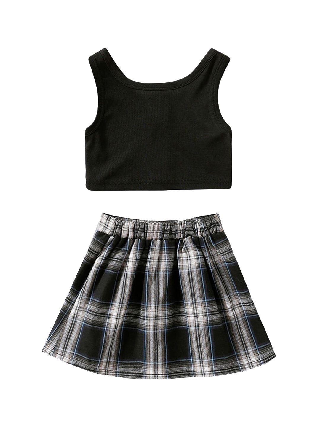 

Hopscotch Girls Black & White Solid Polyester Top with Checkered Skirt