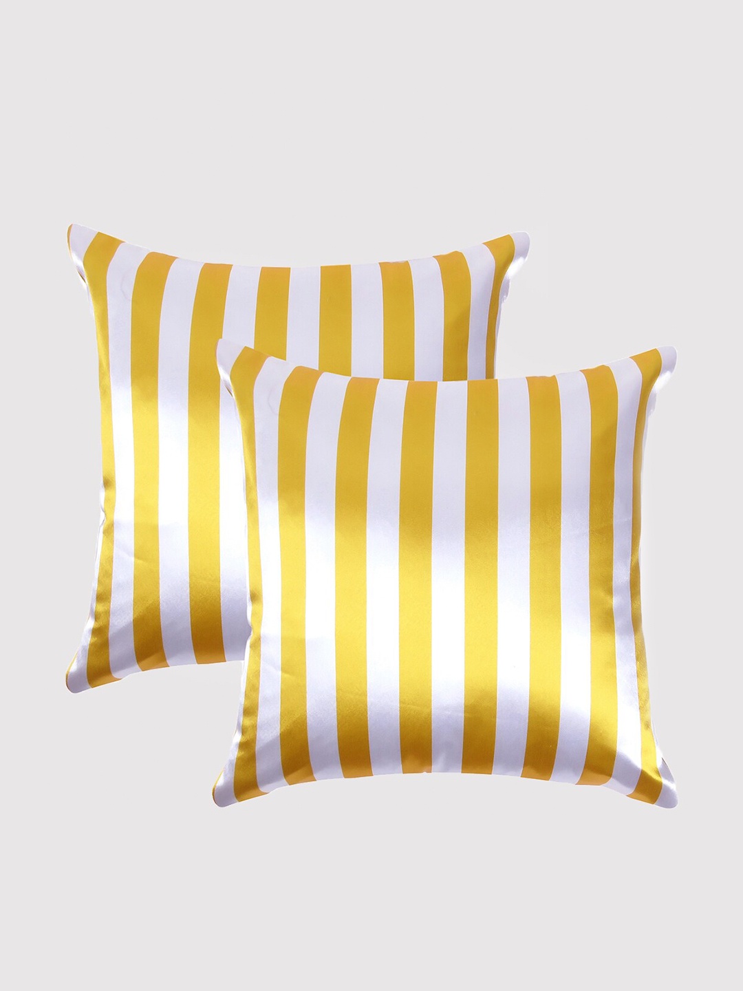 

OUSSUM Yellow & White Set of 2 Striped Satin Square Cushion Covers