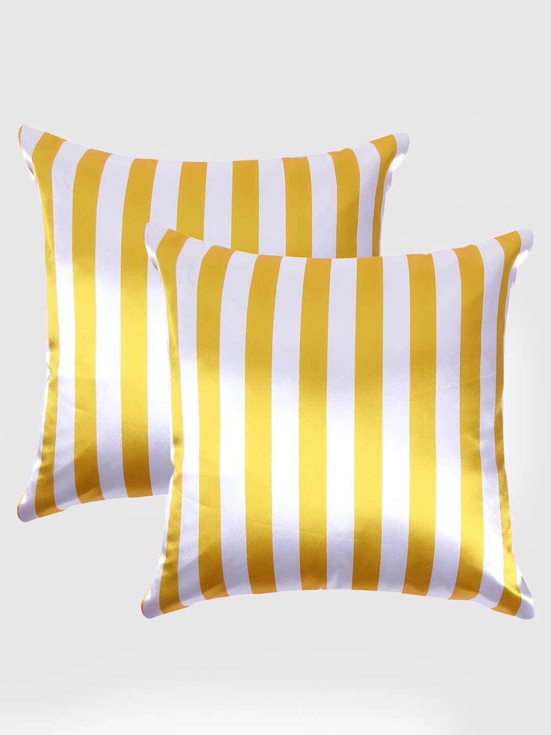 

OUSSUM Yellow & Off White Set of 2 Striped Satin Square Cushion Covers