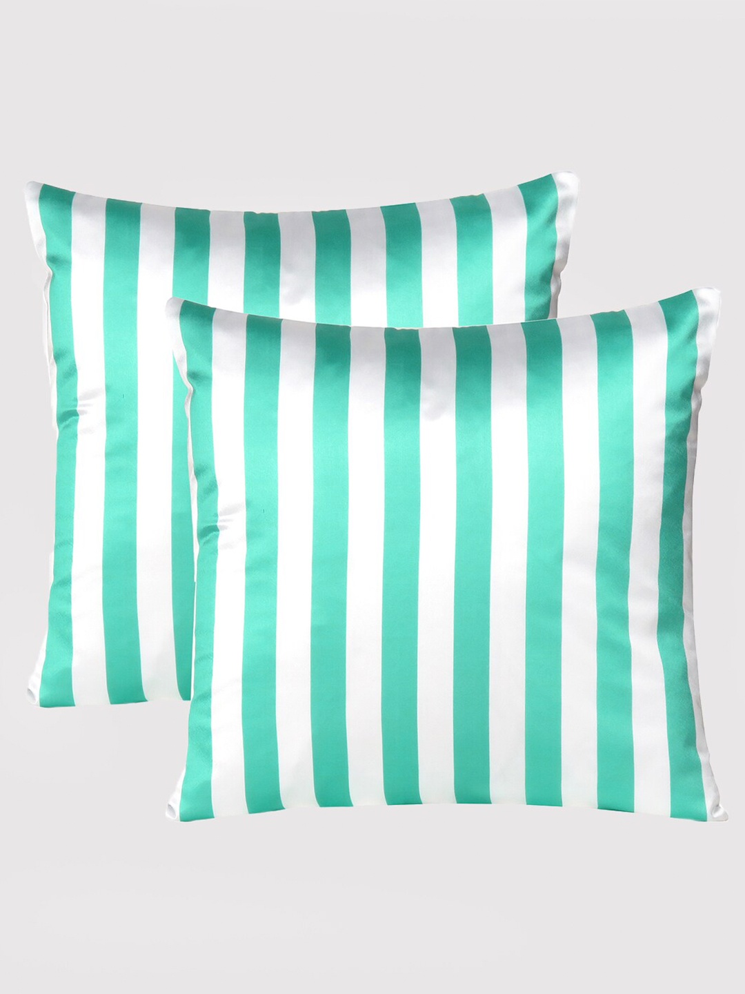 

OUSSUM Green & White Set of 2 Striped Satin Square Cushion Covers