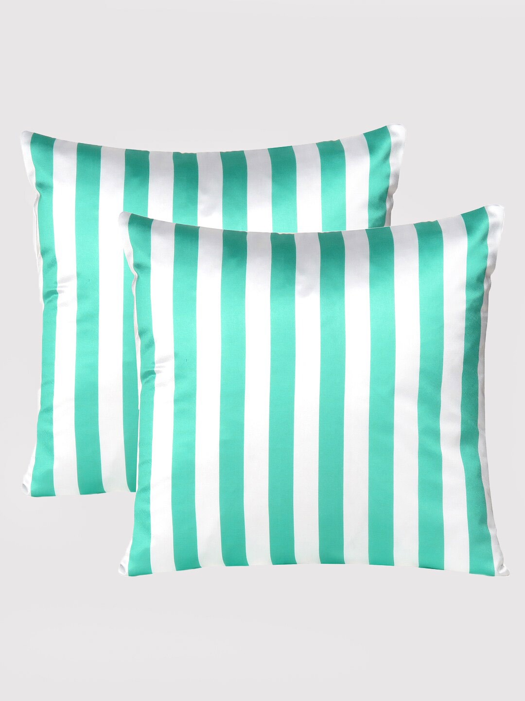 

OUSSUM Sea Green & Off White Set of 2 Striped Satin Square Cushion Covers
