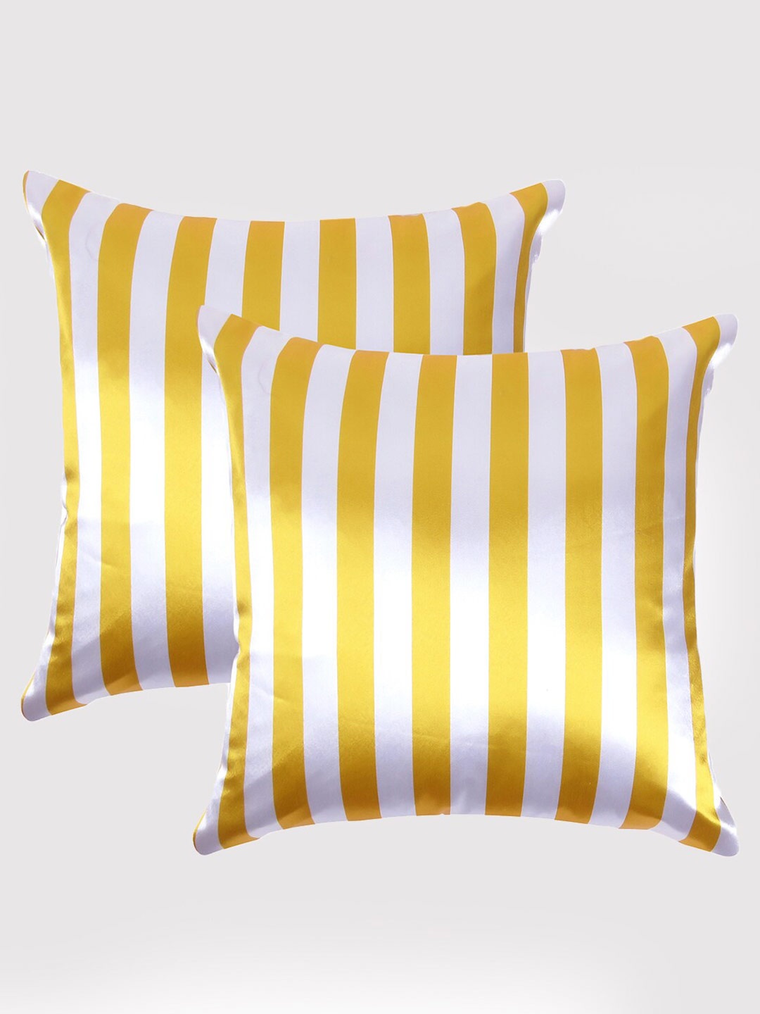 

OUSSUM Yellow & White Set of 2 Striped Satin Square Cushion Covers