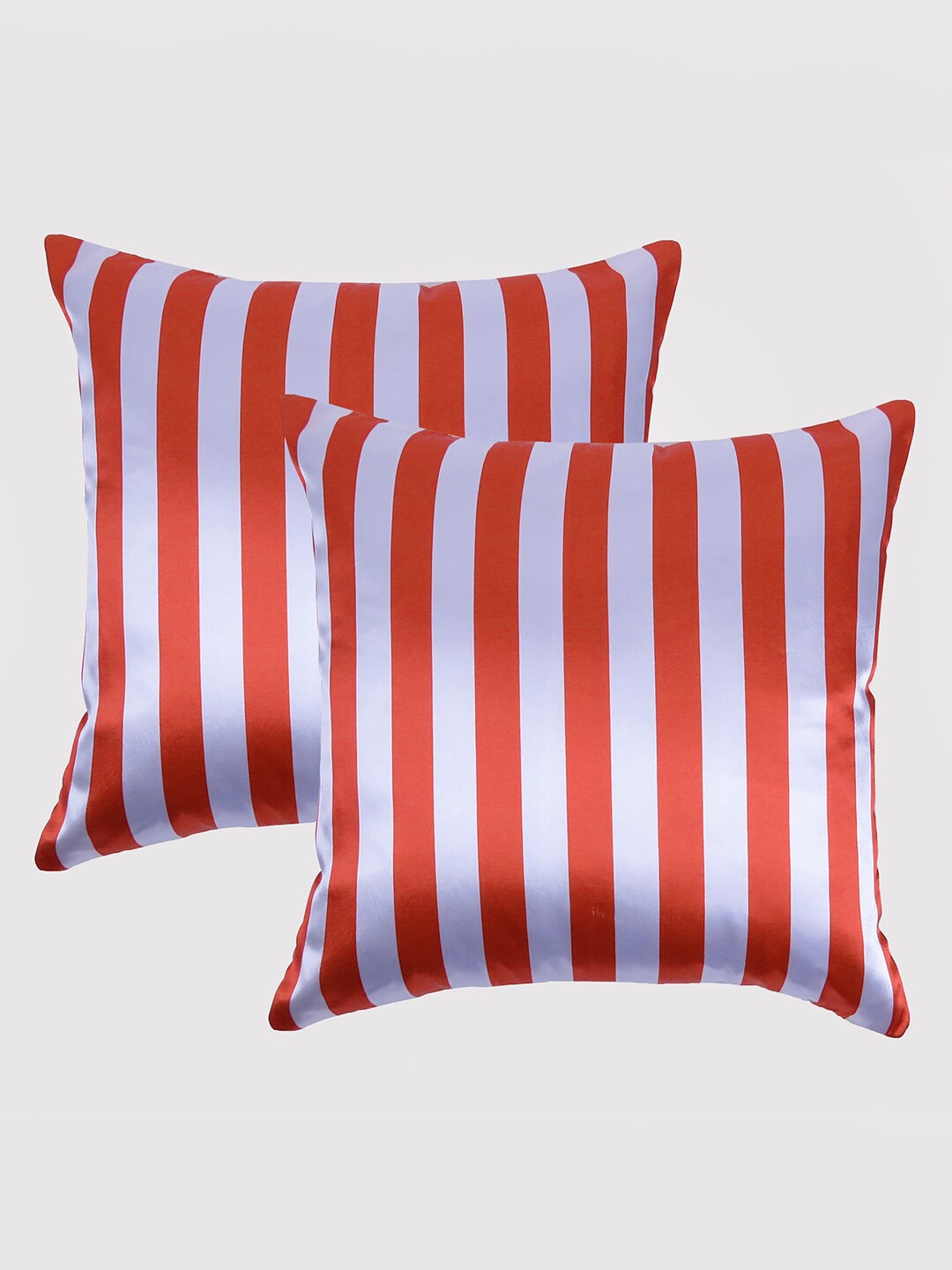 

OUSSUM Red & Off White Set of 2 Striped Satin Square Cushion Covers
