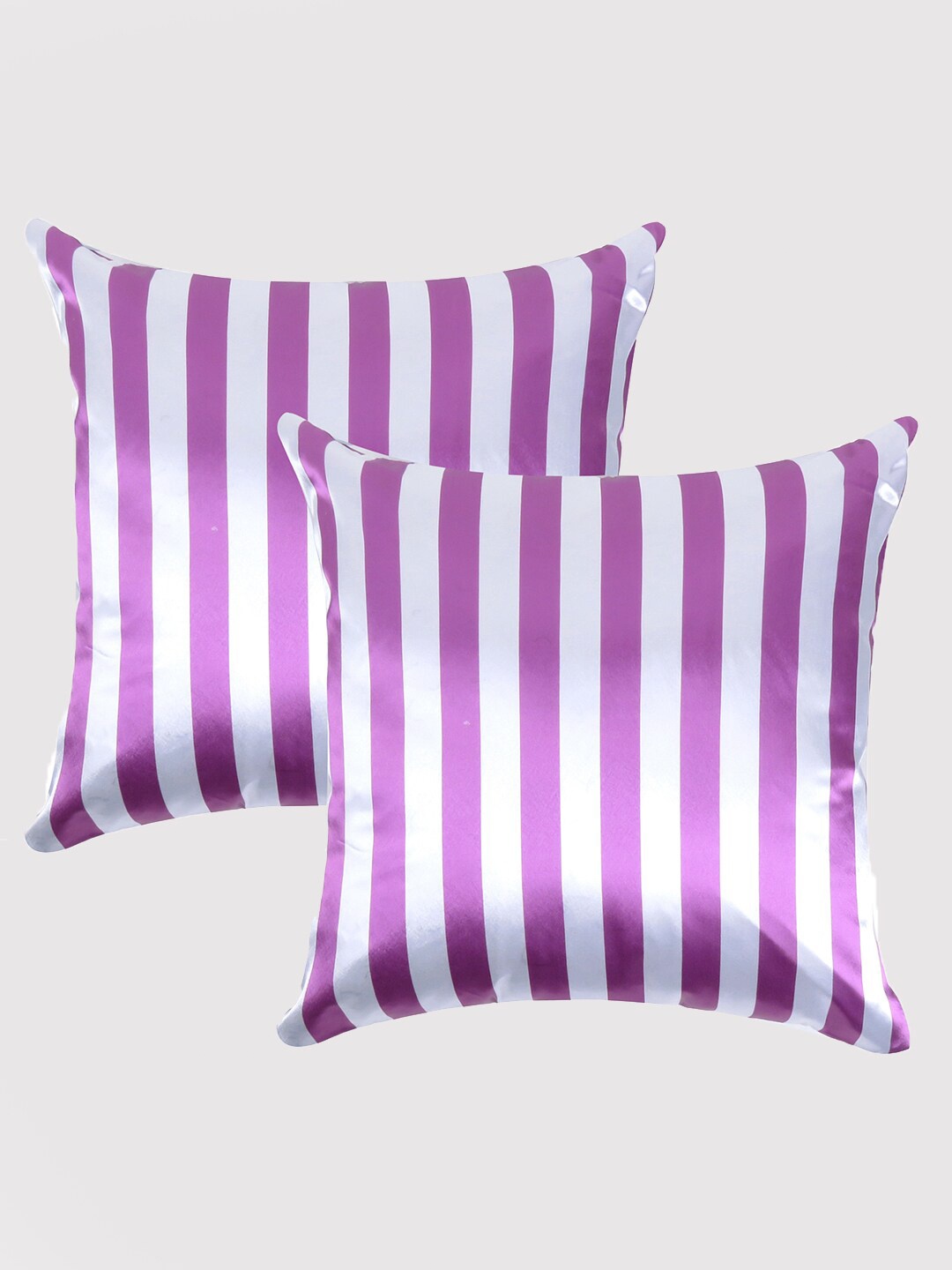 

OUSSUM Purple & Off White Set of 2 Striped Satin Square Cushion Covers
