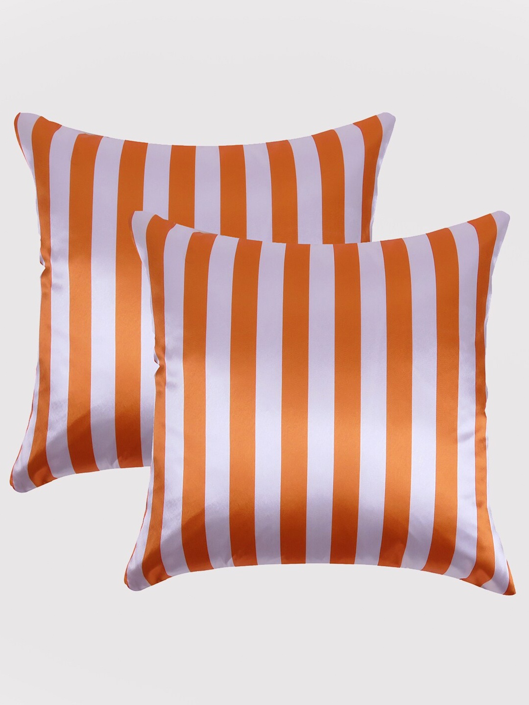

OUSSUM Orange & Off White Set of 2 Striped Satin Square Cushion Covers