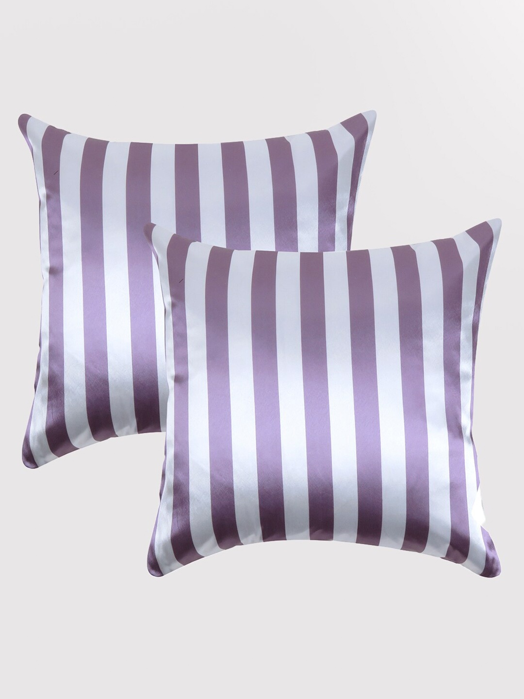 

OUSSUM Purple & White Set of 2 Striped Satin Square Cushion Covers