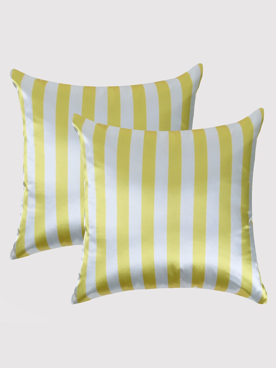 

OUSSUM Yellow & Off White Set of 2 Striped Satin Square Cushion Covers